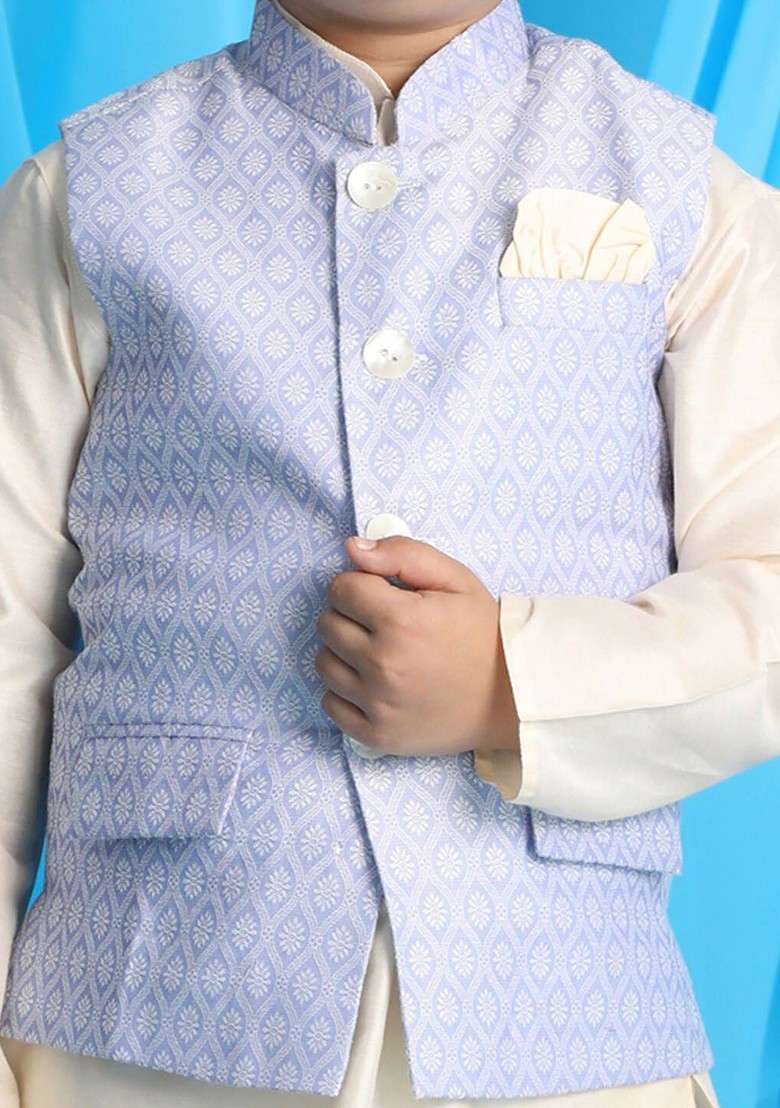 Boys Cream Coloured Ethnic Motifs Kurta Set With Lavender Woven Nehru Jacket - Indya
