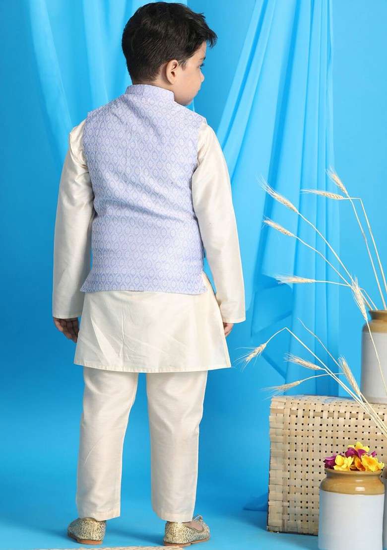 Boys Cream Coloured Ethnic Motifs Kurta Set With Lavender Woven Nehru Jacket - Indya