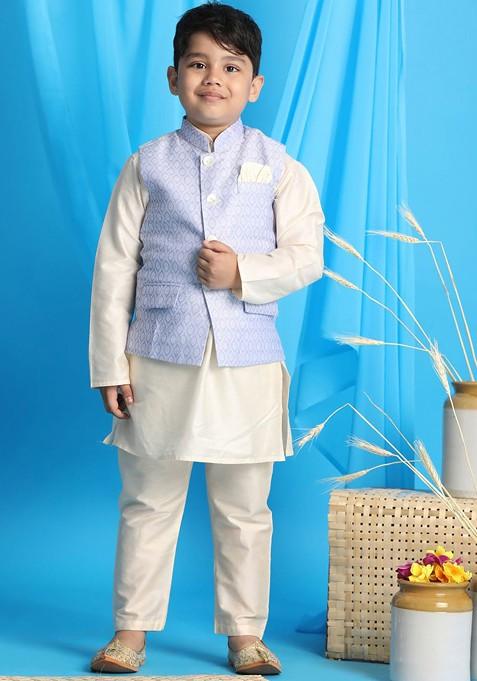 Boys Cream Coloured Ethnic Motifs Kurta Set With Lavender Woven Nehru Jacket — view on Indya