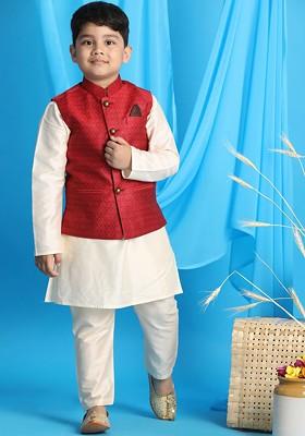 Boys Cream Coloured Kurta With Pyjamas Comes With Woven Design Nehru Jacket
