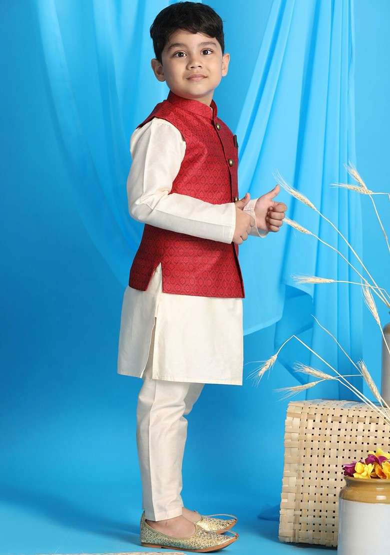 Boys Cream Coloured Kurta With Pyjamas Comes With Woven Design Nehru Jacket - Indya
