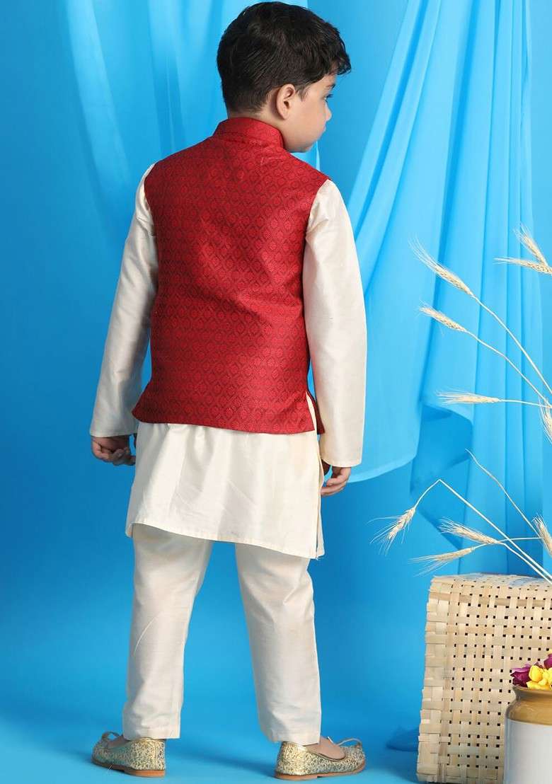 Boys Cream Coloured Kurta With Pyjamas Comes With Woven Design Nehru Jacket - Indya