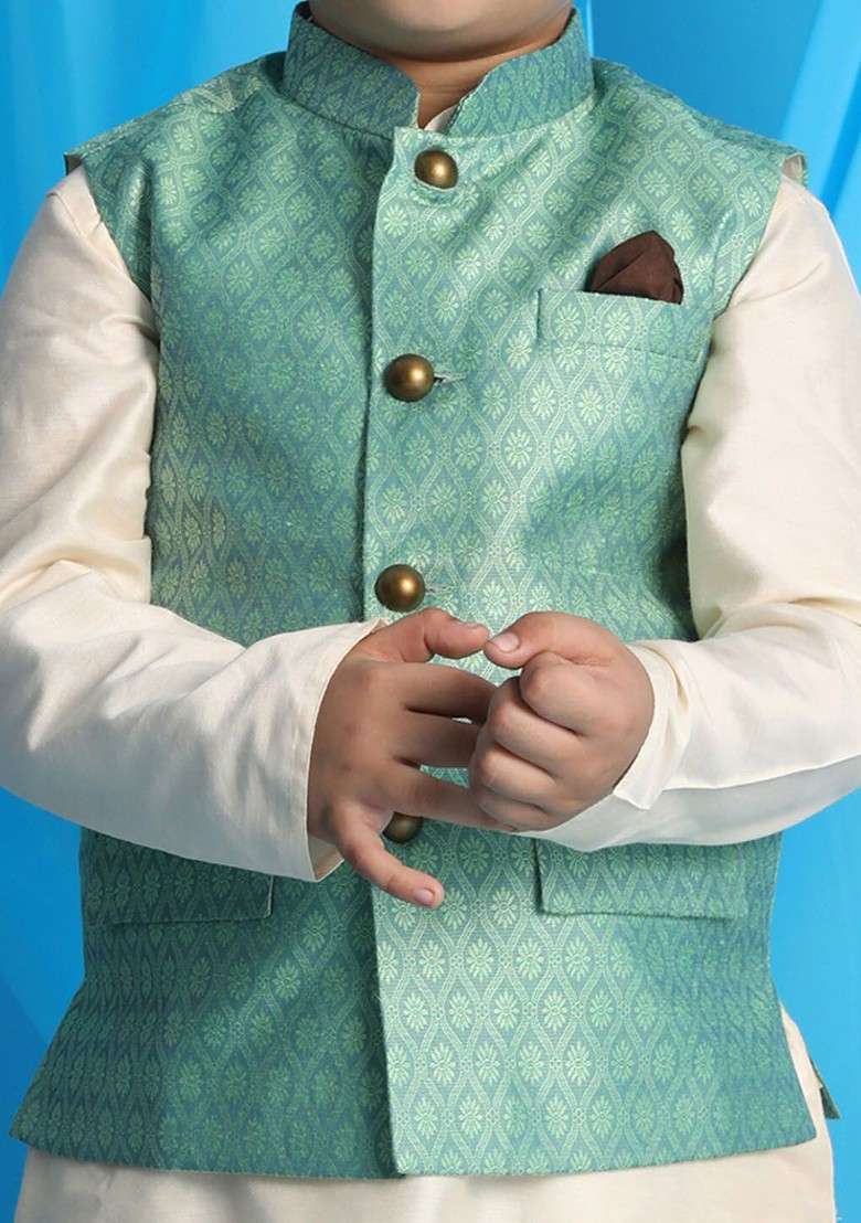 Boys Cream Colored Kurta And Trouser With Nehru Jacket - Indya