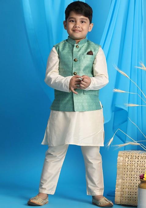 Boys Cream Colored Kurta And Trouser With Nehru Jacket — view on Indya