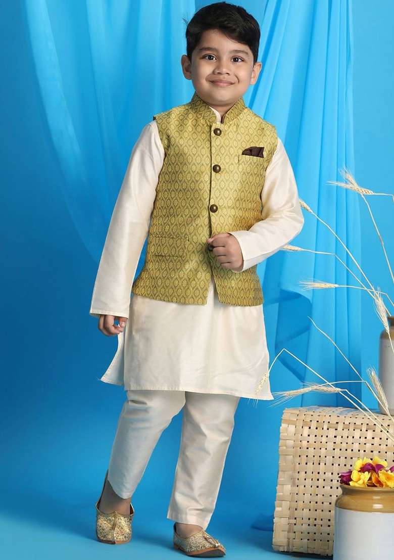 Boys Cream Coloured Kurta With Churidar - Indya