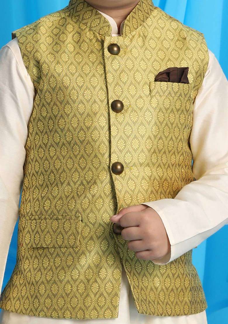 Boys Cream Coloured Kurta With Churidar - Indya
