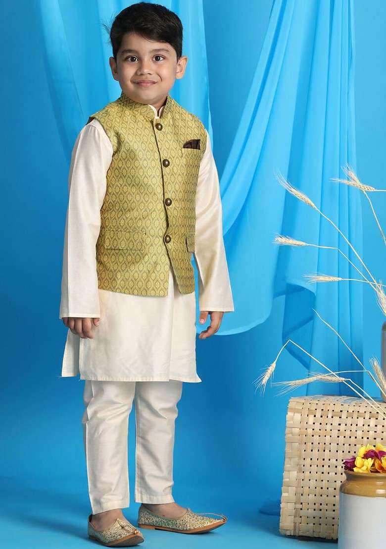 Boys Cream Coloured Kurta With Churidar - Indya
