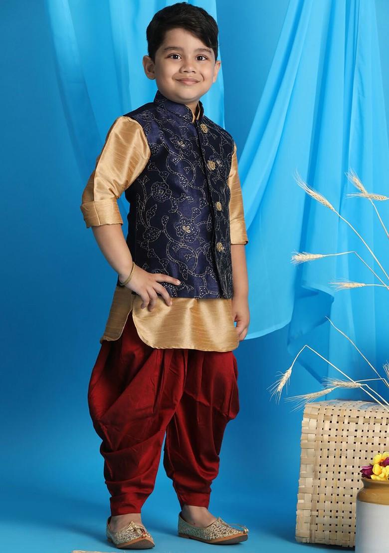 Boys Embroidered And Sequinned Nehru Jacket With Kurta And Dhoti Pants - Indya