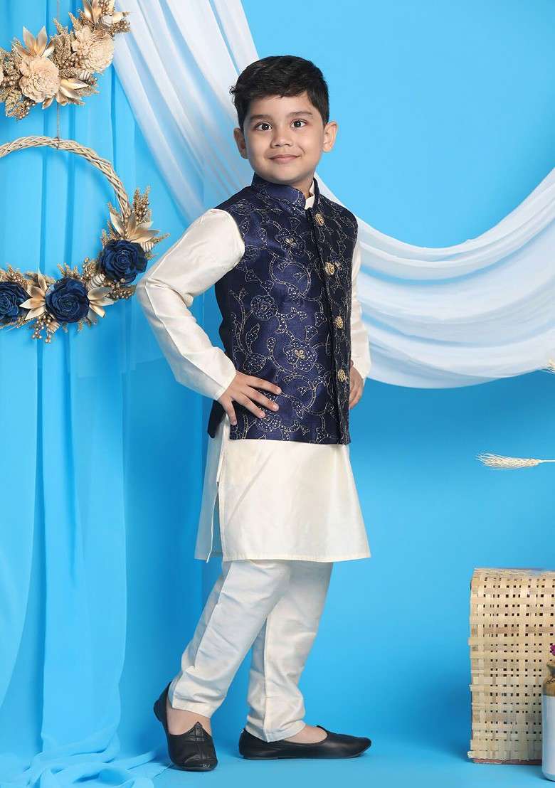 Boys Cream Coloured Solid A Line Kurta And Pyjamas With Nehru Jacket - Indya