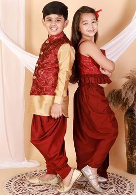 Boys Gold Toned Kurta With Dhoti Pants With Embroidered Nehru Jacket