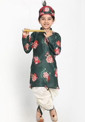Boys Green Floral Printed Kurta With Dhoti Pants