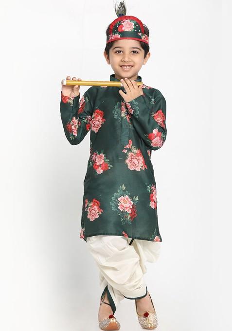 Boys Green Floral Printed Kurta With Dhoti Pants — view on Indya