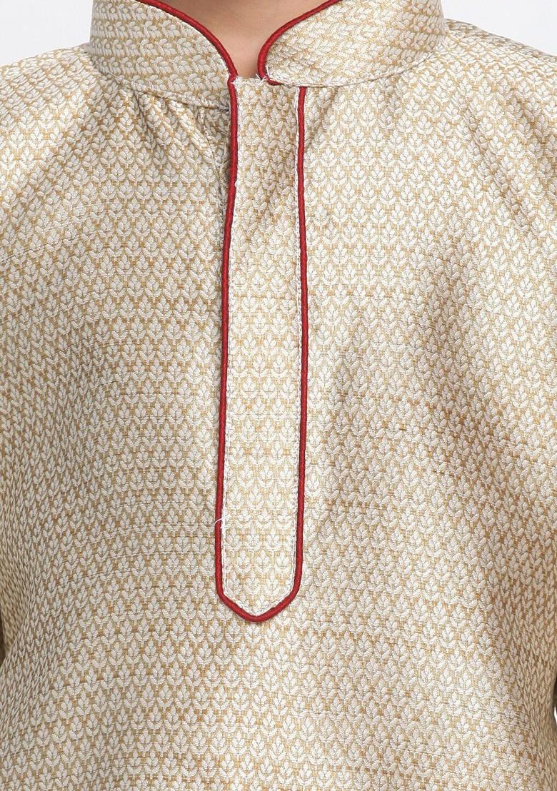 Boys Beige Ethnic Motifs Thread Work Kurta With Pyjamas - Indya
