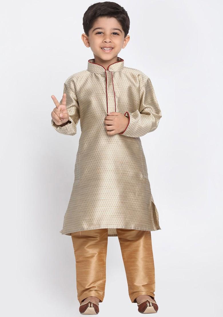 Boys Beige Ethnic Motifs Thread Work Kurta With Pyjamas - Indya