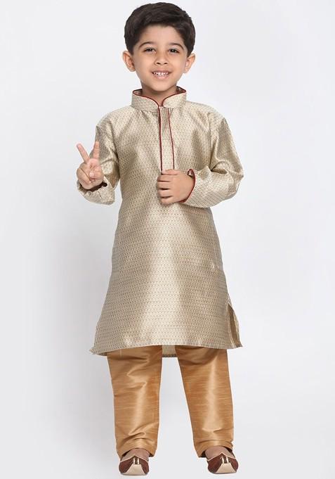 Boys Beige Ethnic Motifs Thread Work Kurta With Pyjamas — view on Indya
