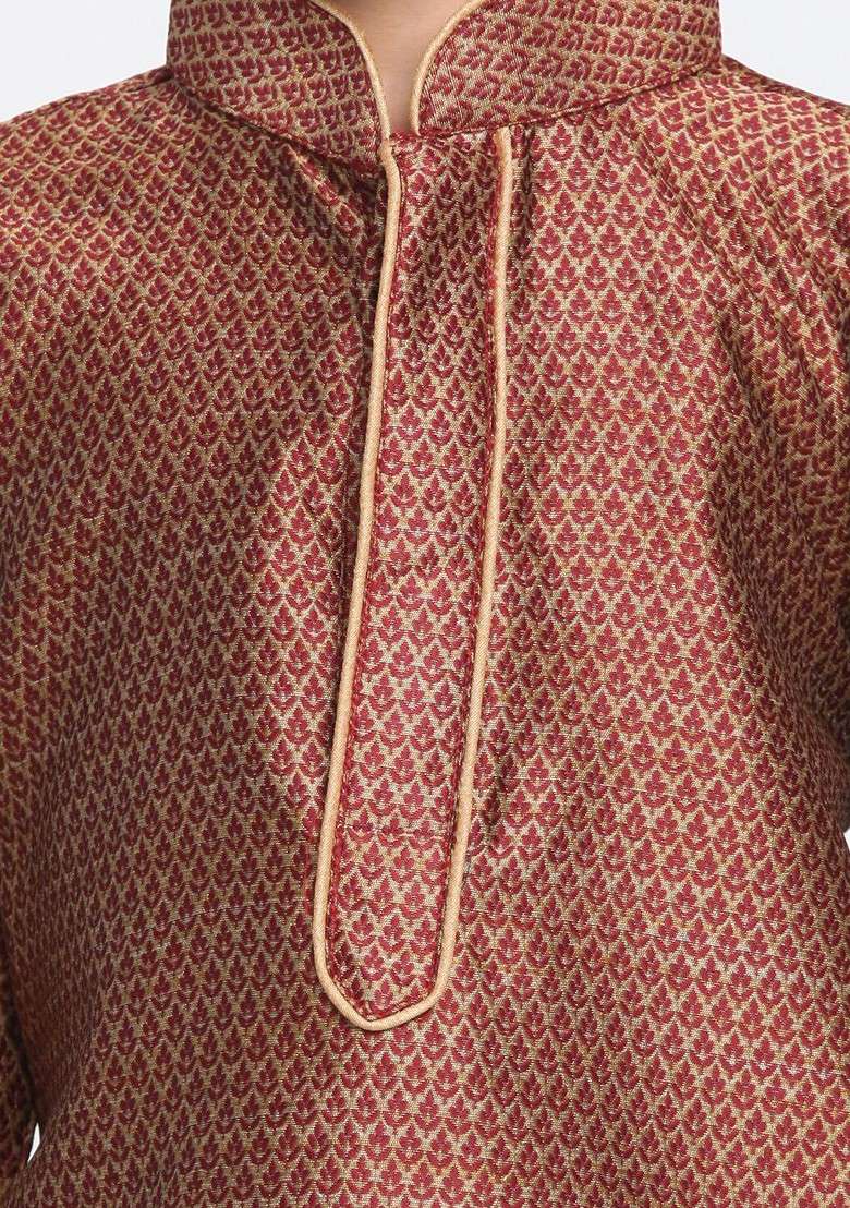 Boys Maroon Regular Kurta With Pyjamas - Indya