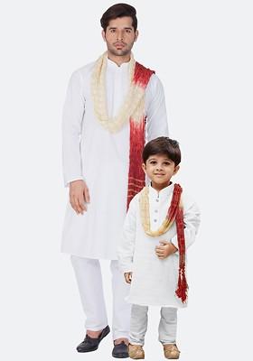 Boys White Ethnic Motifs Pure Cotton Kurta With Pyjamas And Dupatta