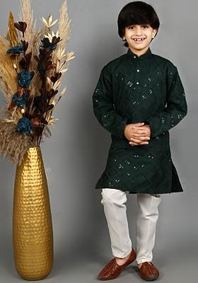 Boys Embroidered Mandarin Collar Long Sleeves Sequinned Kurta With Pyjama