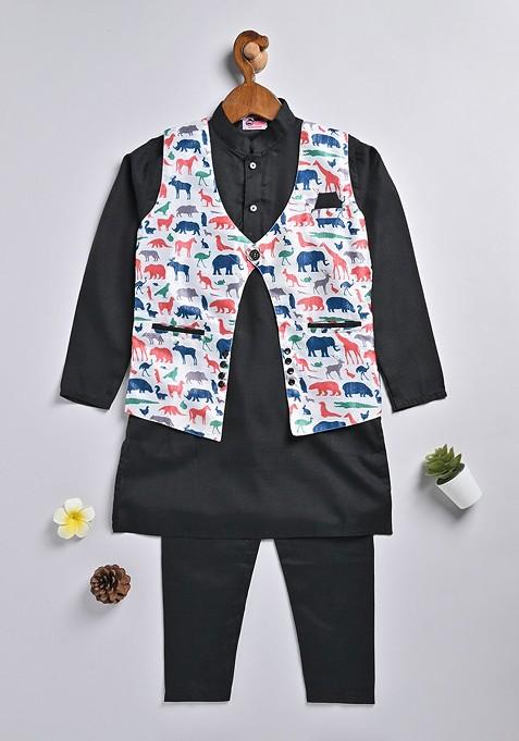 Boys Band Collar Long Sleeve Pure Cotton Kurta With Pyjamas And Jacket