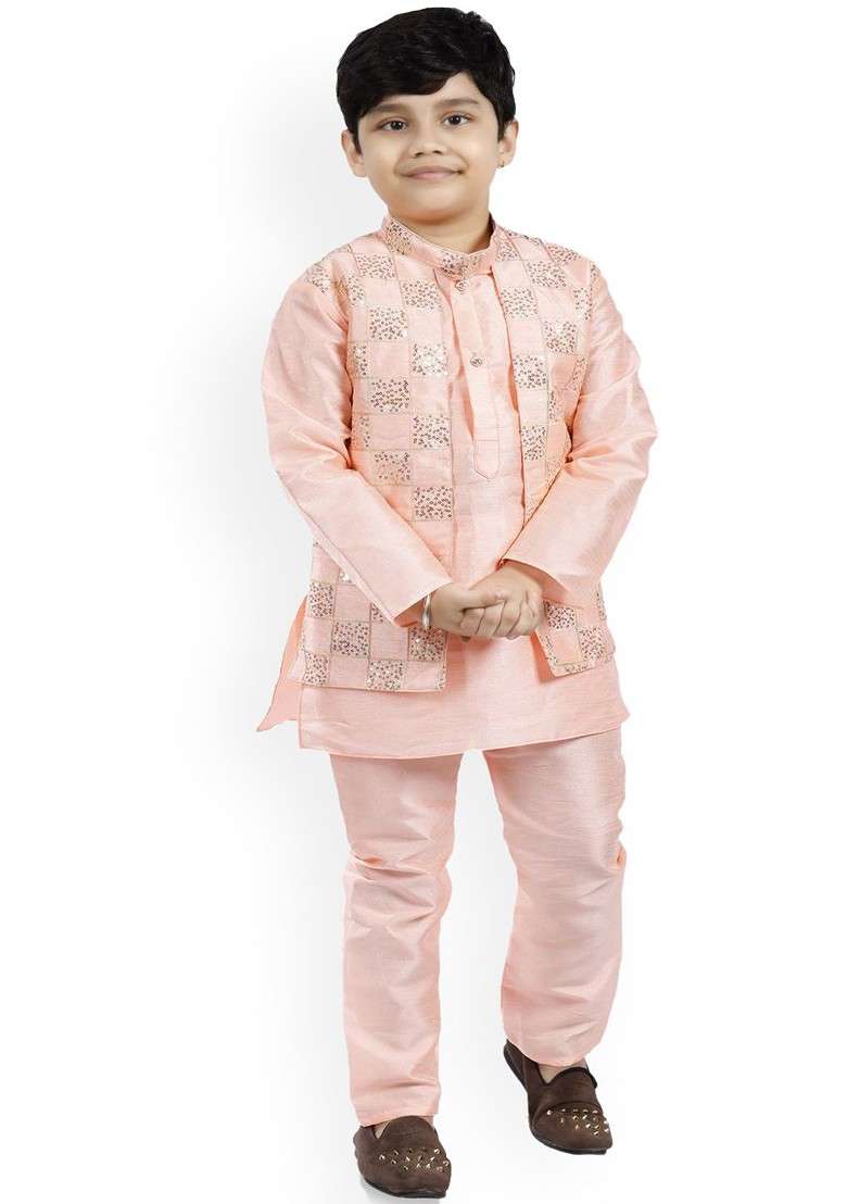 Boys Checked Embroidered Mandarin Collar Straight Art Silk Kurta With Pyjamas - Indya