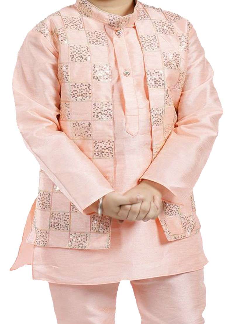 Boys Checked Embroidered Mandarin Collar Straight Art Silk Kurta With Pyjamas - Indya