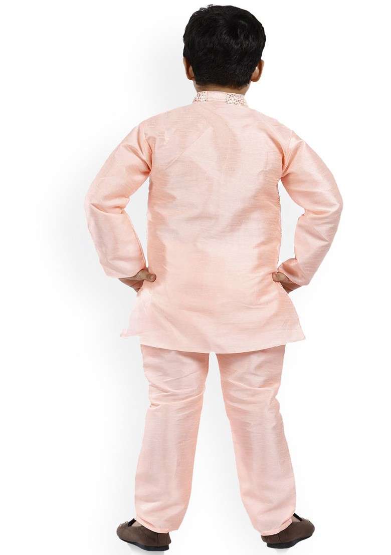 Boys Checked Embroidered Mandarin Collar Straight Art Silk Kurta With Pyjamas - Indya