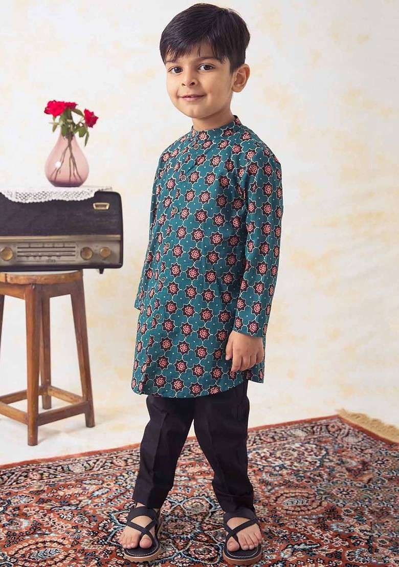 Boys Floral Printed Regular Pure Cotton Kurta With Trousers - Indya