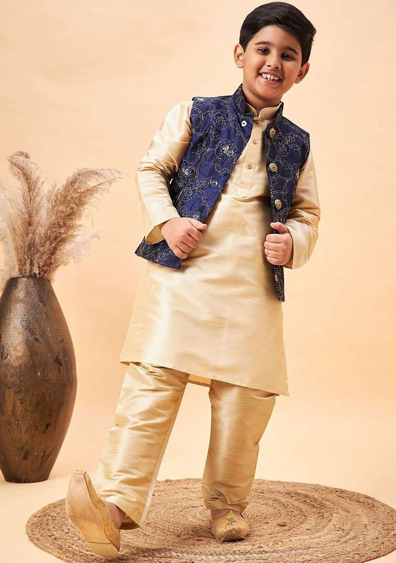Boys Mandarin Collar Straight Kurta With Pyjamas - Indya