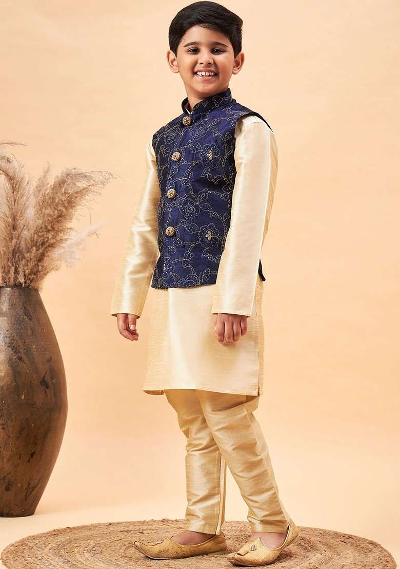 Boys Mandarin Collar Straight Kurta With Pyjamas - Indya