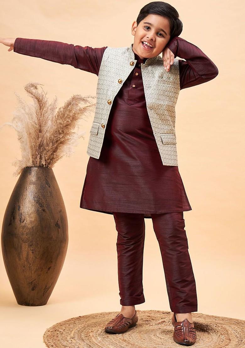 Boys Mandarin Collar Kurta With Pyjamas And Nehru Jacket - Indya
