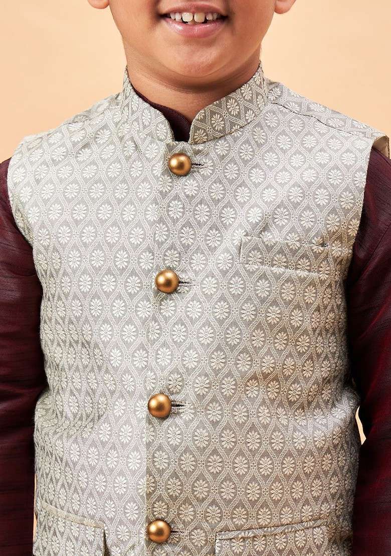 Boys Mandarin Collar Kurta With Pyjamas And Nehru Jacket - Indya