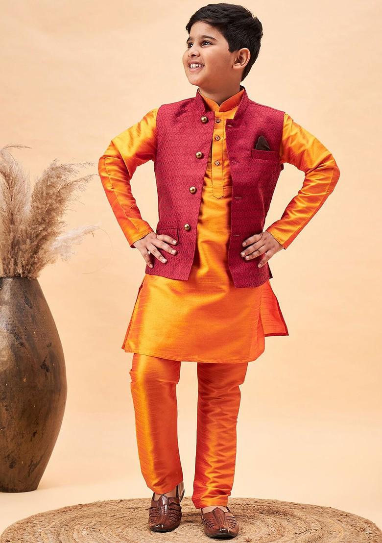 Boys Mandarin Collar Kurta With Pyjamas And Nehru Jacket - Indya
