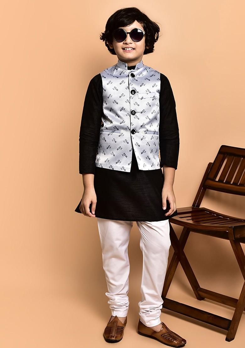Boys Mandarin Collar Regular Straight Kurta With Churidar - Indya