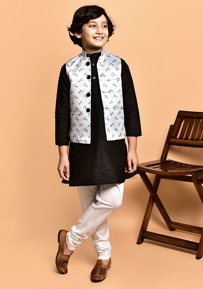 Boys Mandarin Collar Regular Straight Kurta With Churidar - Indya
