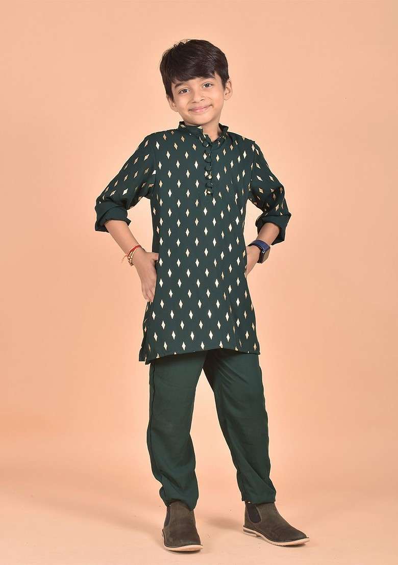 Boys Ethnic Motif Printed Mandarin Collar Long Sleeves Kurta With Trousers - Indya