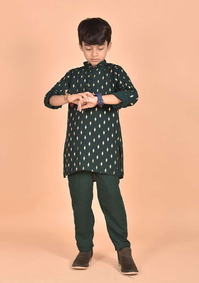 Boys Ethnic Motif Printed Mandarin Collar Long Sleeves Kurta With Trousers - Indya