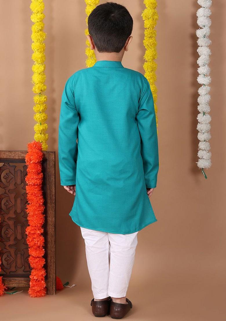 Boys Mandarin Collar Pure Cotton Straight Kurta With Pajamas - Indya
