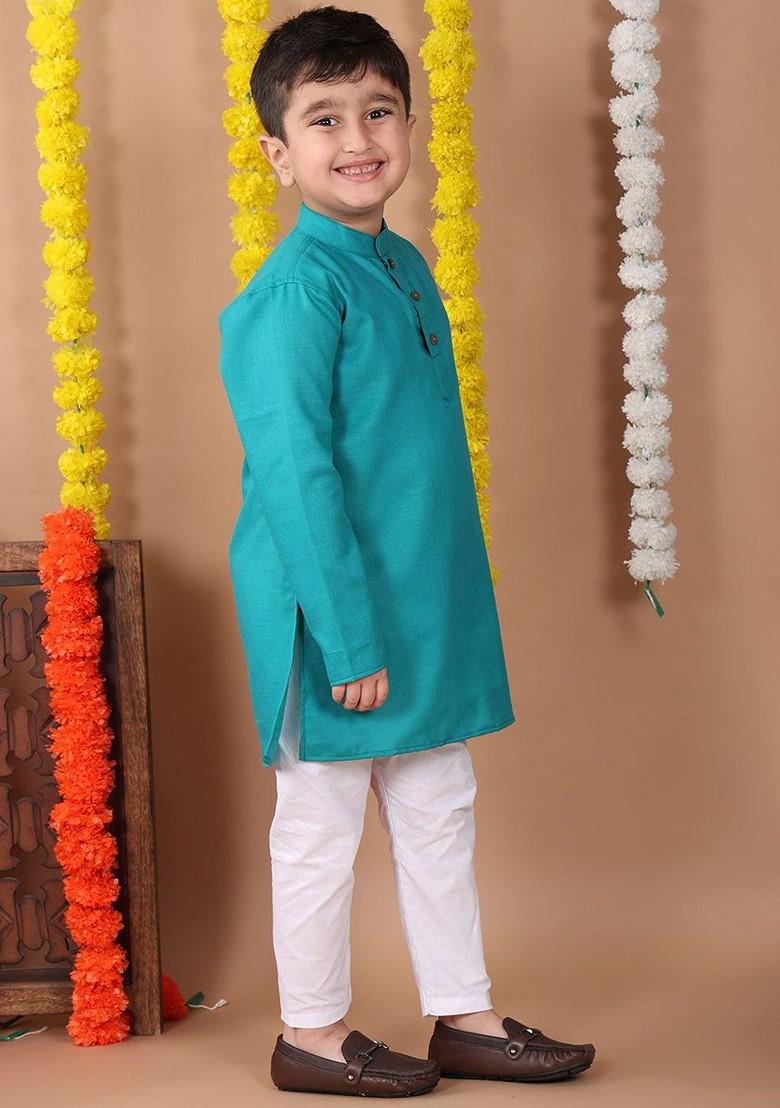Boys Mandarin Collar Pure Cotton Straight Kurta With Pajamas - Indya