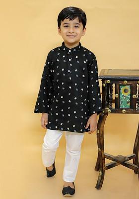 Boys Floral Printed Mandarin Collar Full Sleeves Ethnic Kurta And Dhoti Pants