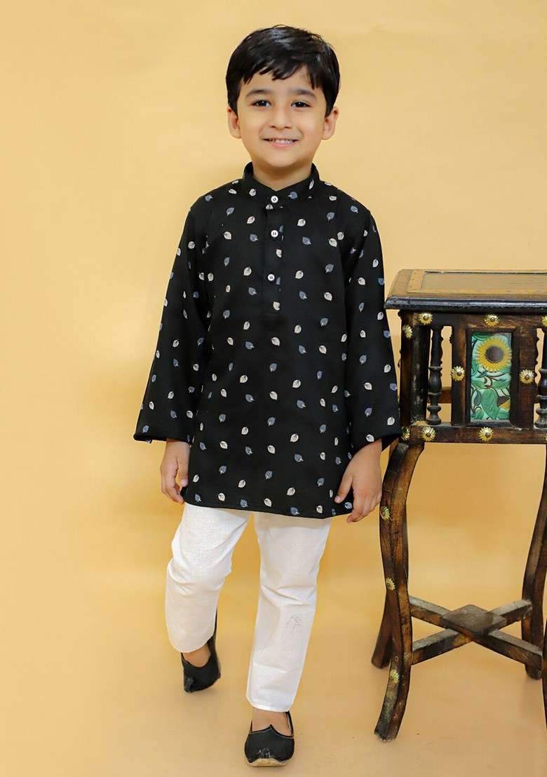 Boys Floral Printed Mandarin Collar Full Sleeves Ethnic Kurta And Dhoti Pants - Indya