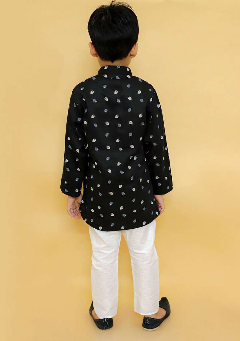 Boys Floral Printed Mandarin Collar Full Sleeves Ethnic Kurta And Dhoti Pants - Indya
