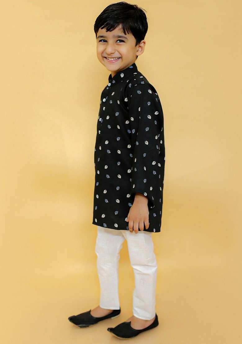 Boys Floral Printed Mandarin Collar Full Sleeves Ethnic Kurta And Dhoti Pants - Indya