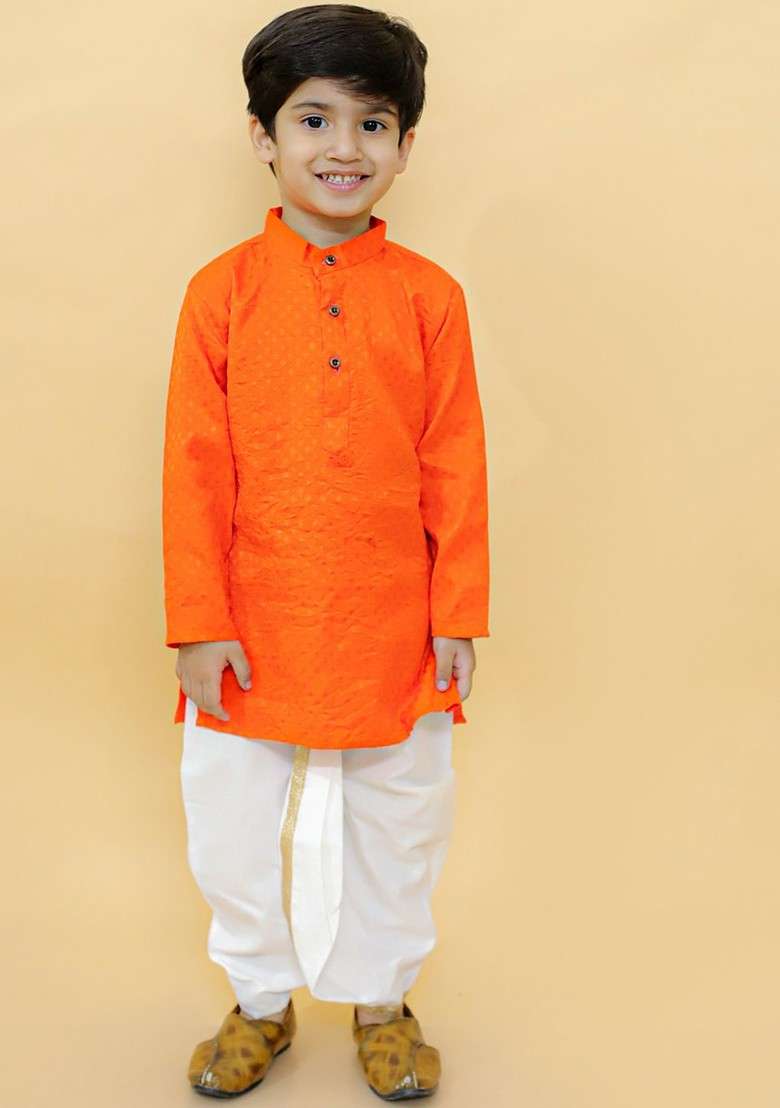 Boys Mandarin Collar Kurta With Dhoti Pants - Indya