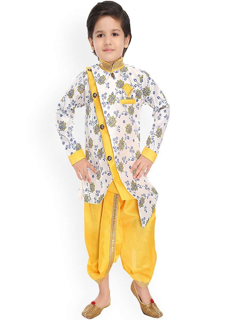Boys Floral Printed Layered Straight Kurta With Dhoti Pants - Indya