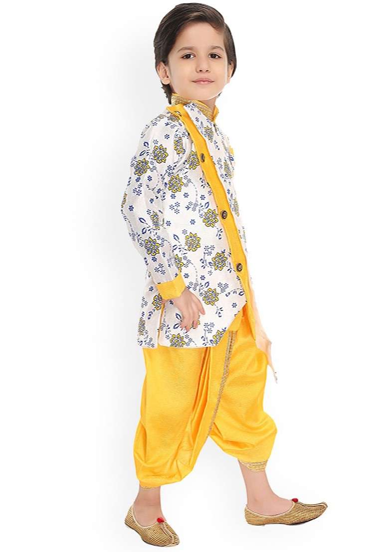 Boys Floral Printed Layered Straight Kurta With Dhoti Pants - Indya