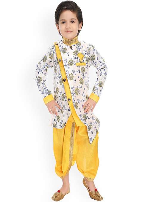Boys Floral Printed Layered Straight Kurta With Dhoti Pants