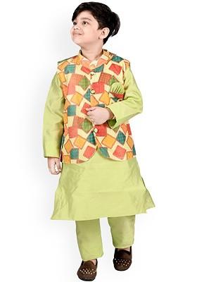 Boys Mandarin Collar Regular Kurta With Pyjamas And Printed Nehru Jacket