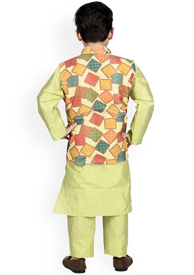 Boys Mandarin Collar Regular Kurta With Pyjamas And Printed Nehru Jacket - Indya