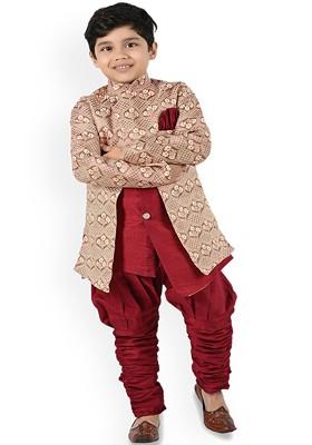 Boys Floral Printed Mandarin Collar Straight Kurta With Patiala