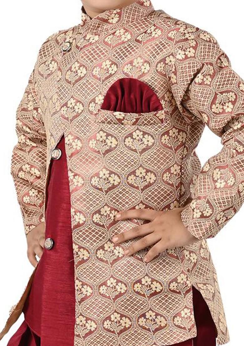 Boys Floral Printed Mandarin Collar Straight Kurta With Patiala - Indya